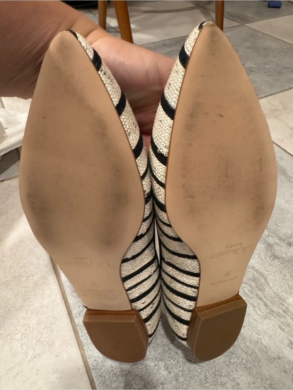 LK Bennett Black and Cream Sequin Striped Jacquard Pointed Flats 37